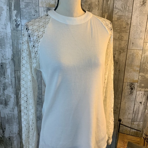 White Lace Long Sleeve Sweatshirt Blouse - Picture 1 of 5